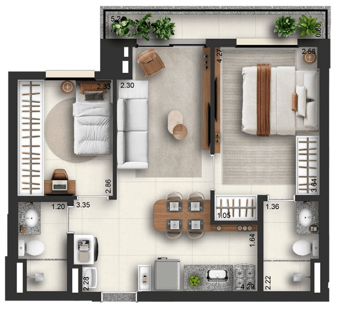 Planta 03 - 2 dorm 52m²